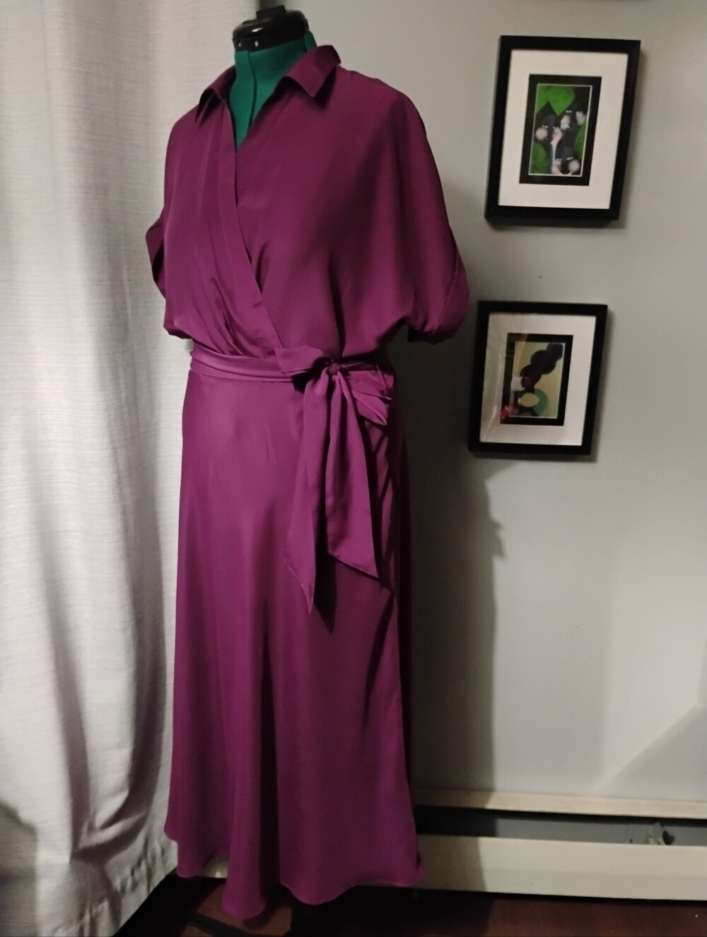 Ralph Lauren Fratillio Collared Surplice Midi Faux-Wrap Dress Magenta Sz 16 Flaw - Picture 7 of 12